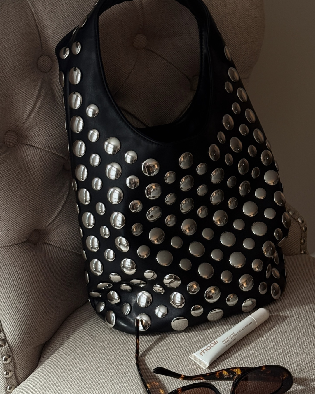 Juno All Over Metal Stud Slouch Hobo Shoulder Bag