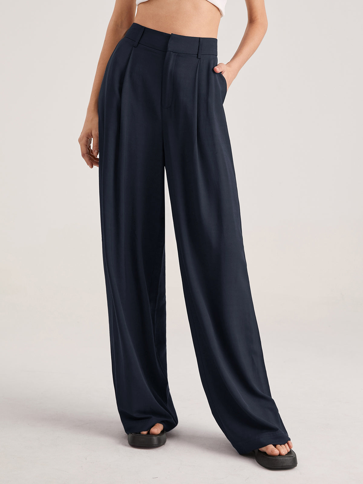 Muriel Elasticated Waist Soft Drape Relaxed Wide Leg Trousers - Navy
