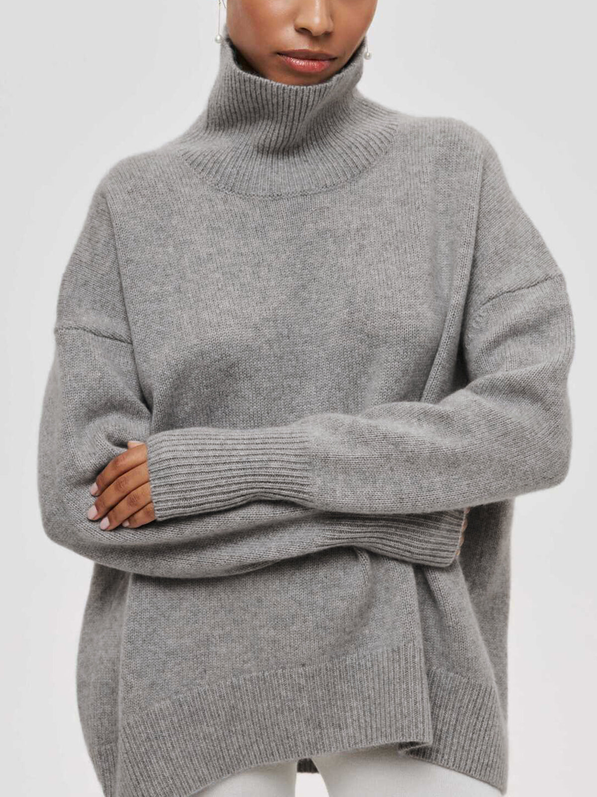 Yvette Oversized Roll Neck Drop Shoulder Boxy Knit Jumper - Grey