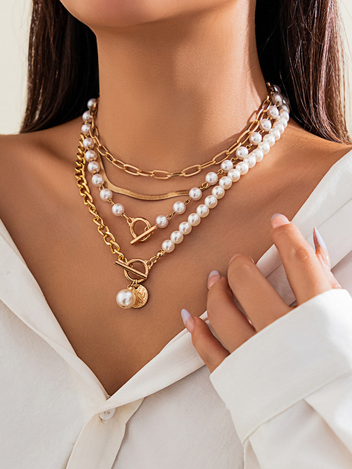 Ruby Pearl Row and Flat Chain Layered Necklace