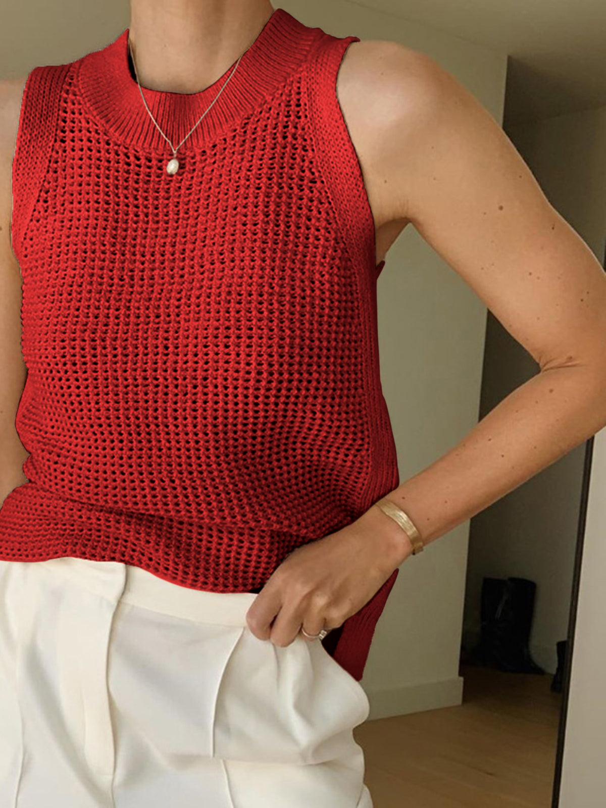 Bernadine Open Crochet Knit High Neck Sleeveless Boxy Vest Top - Red
