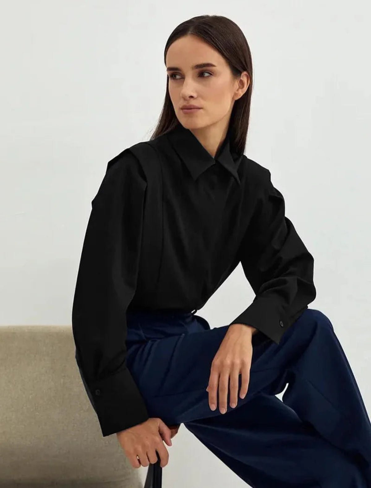 Prunelle Crisp Poplin Deep V Oversized Blouson Sleeve Shirt