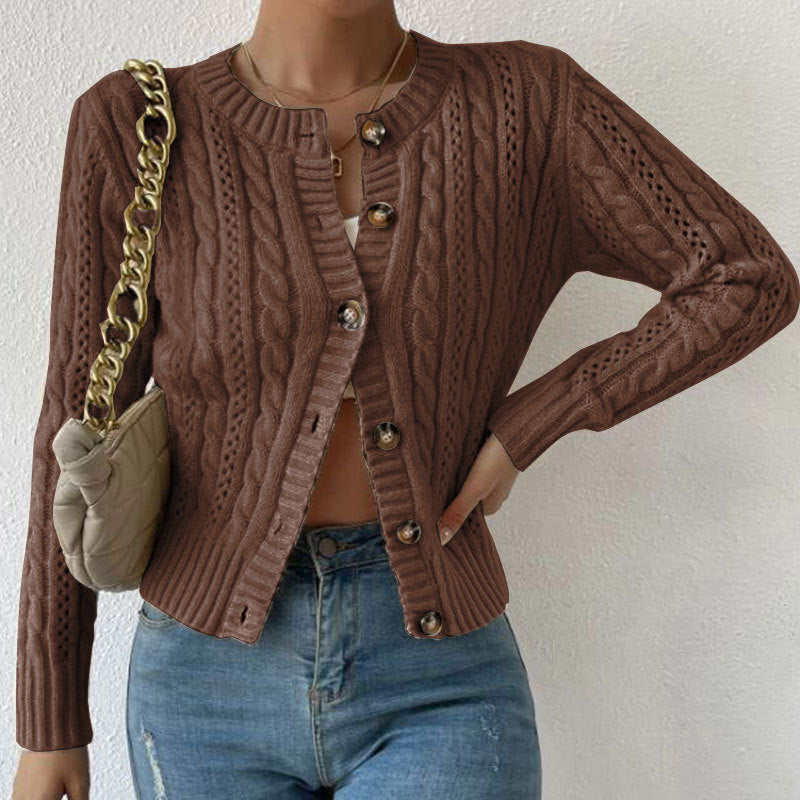 Zelda Fine Cable Cropped Round Neck Button Knit Cardigan - Brown