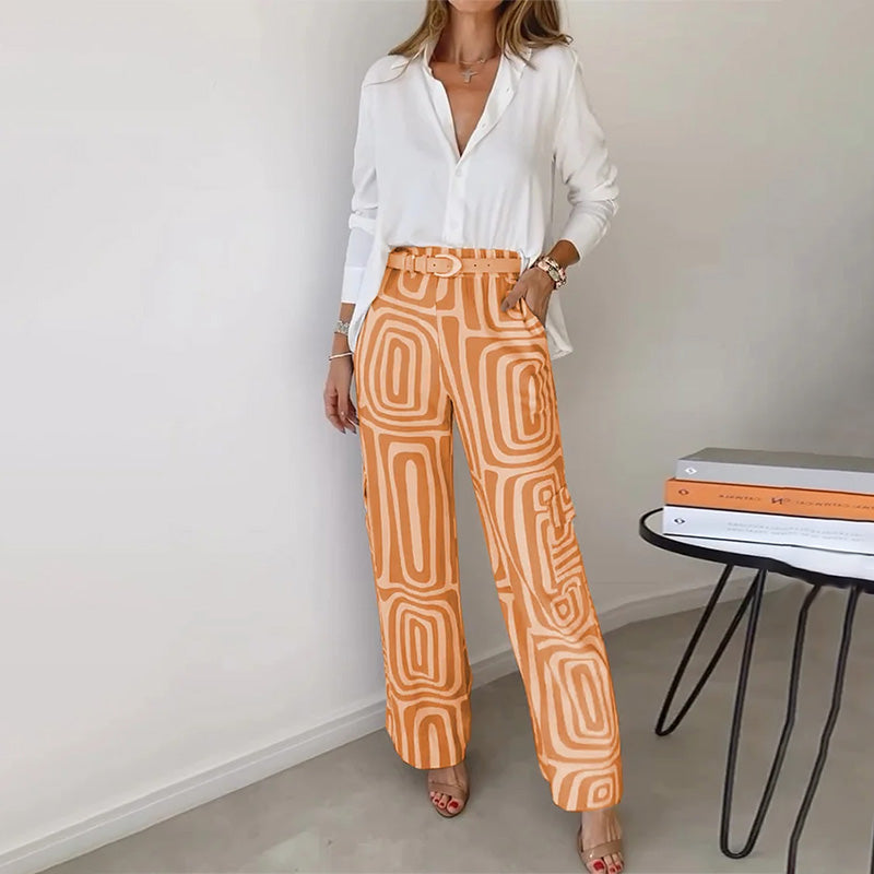 Ines Plain Shirt and Retro Swirl Print Wide Trouser Set - Orange