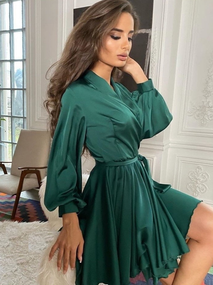 Zelie Belted Wrap Front Blouson Sleeve Full Skirt Mini Dress - Green