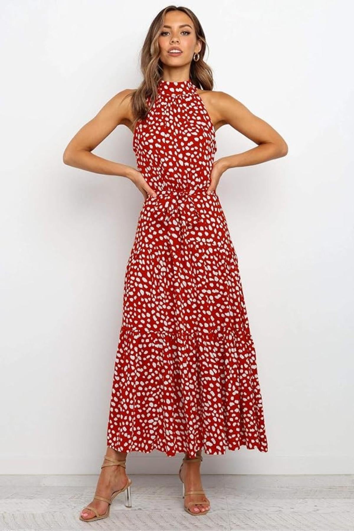 Cecile Spot Print High Neck Sleeveless Tiered Skirt Maxi Dress - Red