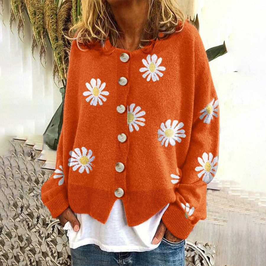 Melina Daisy Embroidered Oversized Button Front Cardigan - Orange