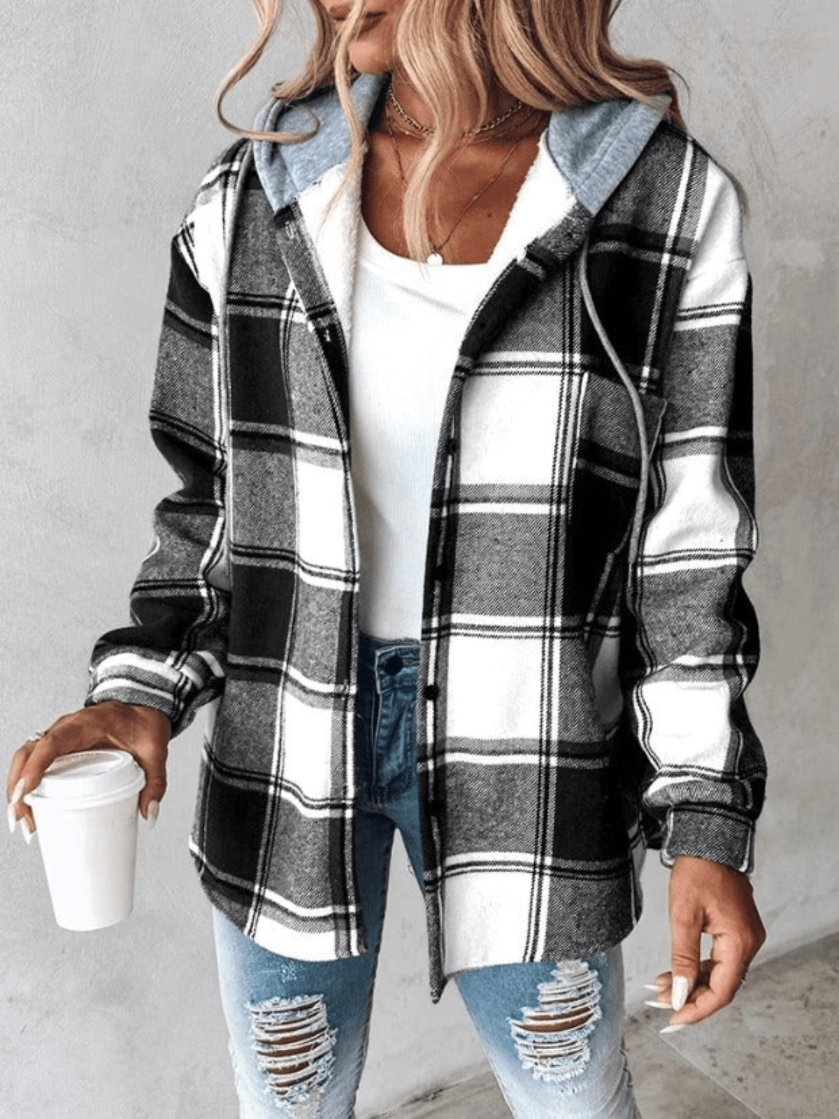 Arabella Hooded Check Brushed Button Front Shacket Overshirt