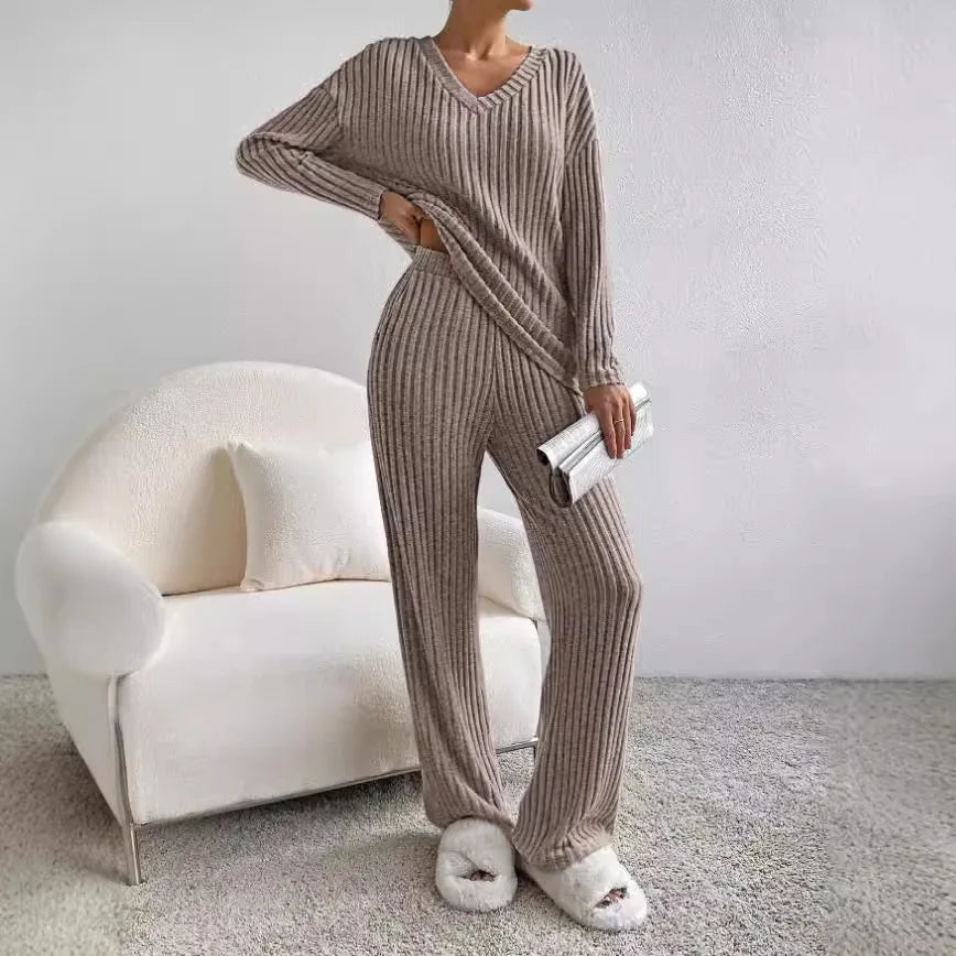 Tara Ribbed V Neck Knit and Wide Leg Trouser Lounge Set - Grey