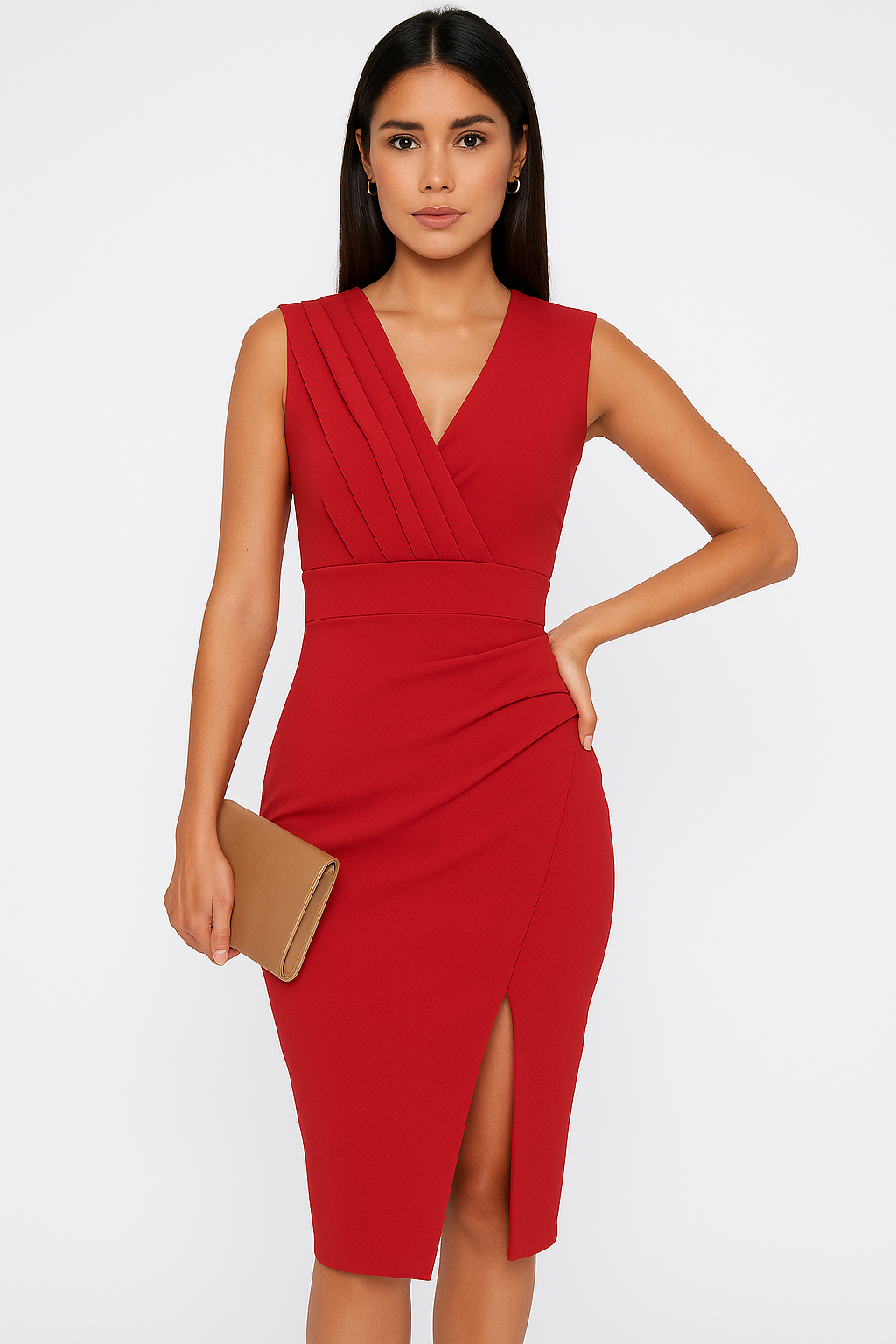 Constance Pleated V Neck Wrap Waist High Split Pencil Midi Dress - Red