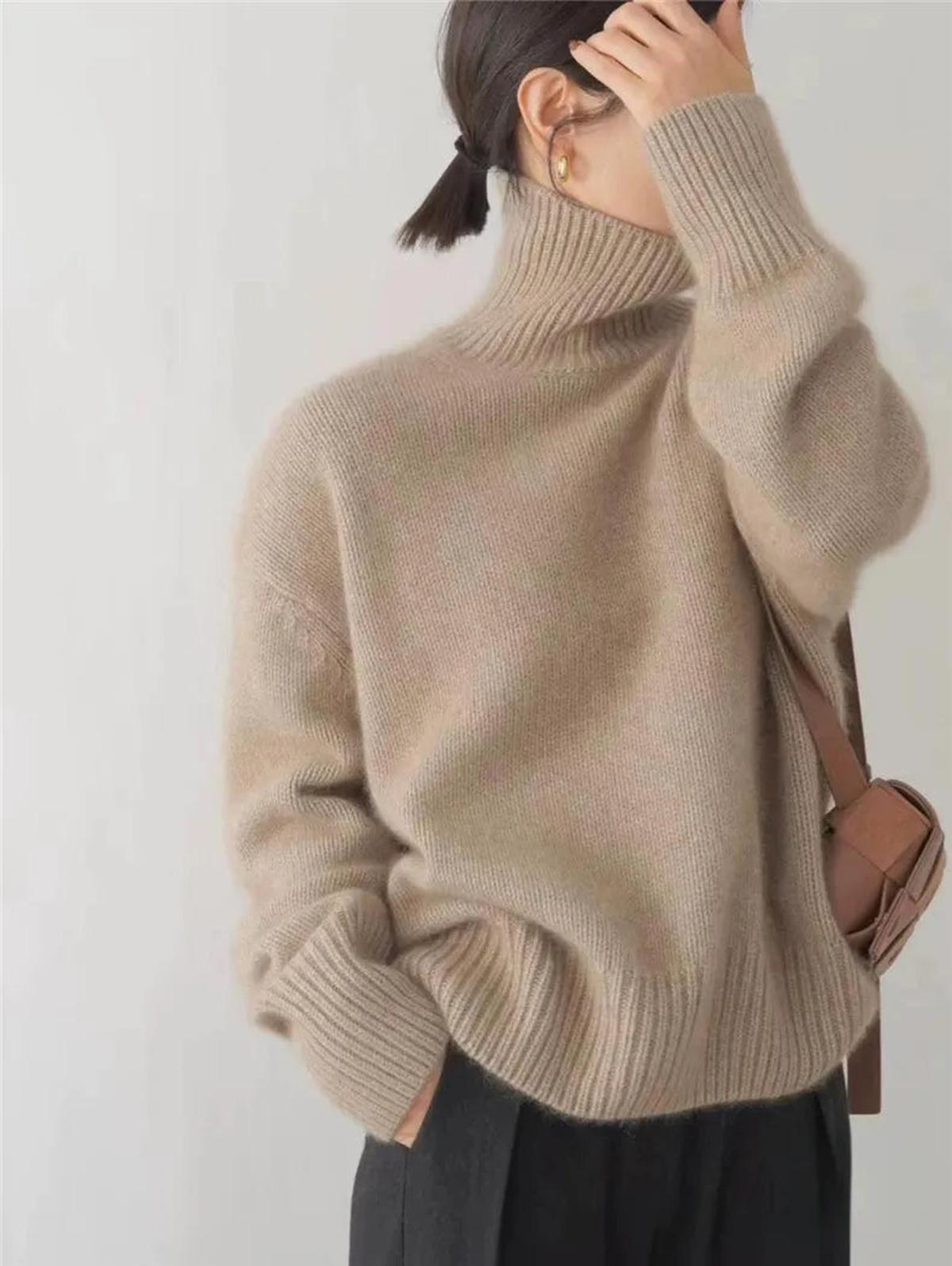 Livia Turn Back Cuff Oversized Roll Neck Smooth Knit Jumper - Khaki