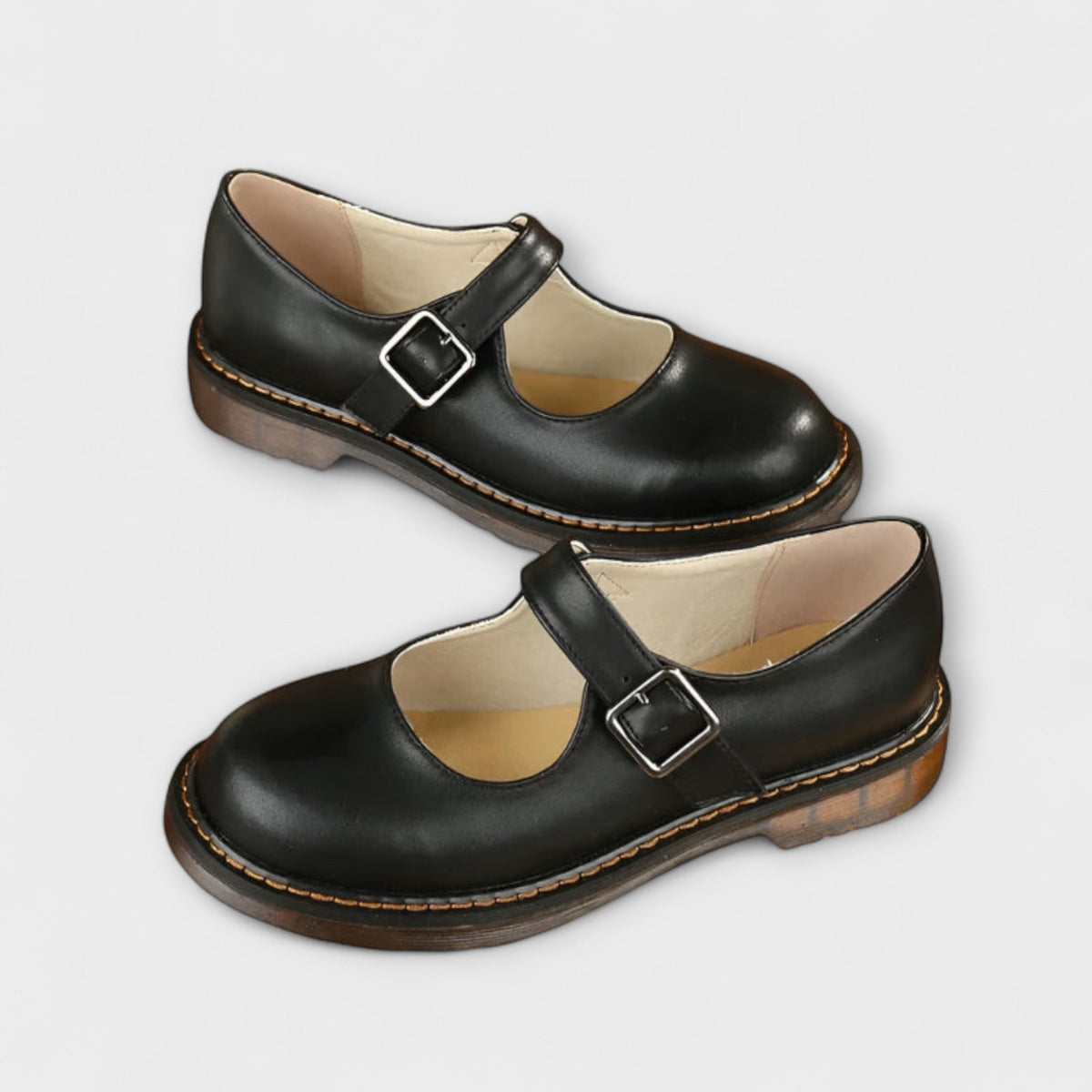 Carine Buckle Strap Welted Sole Chunky Mary Jane Flat Shoes