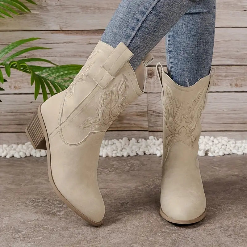 Axelle Tooled Stitch Western Block Heel Ankle Cowboy Boots - Beige