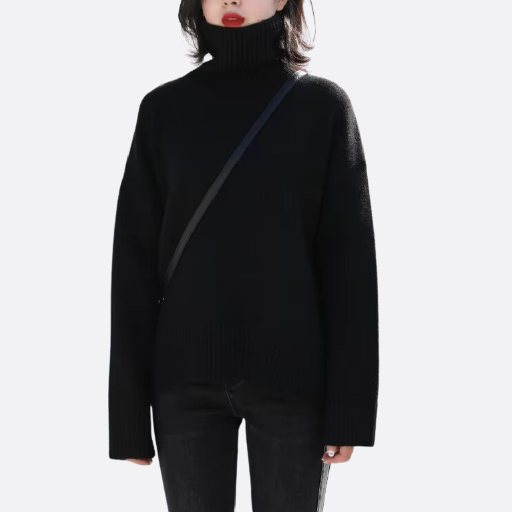Melisande Deep Rib Oversized Roll Neck Boxy Knit Jumper - Black