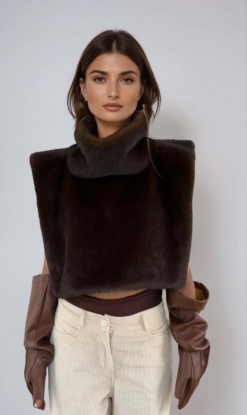Hattie Faux Fur Cropped Roll Neck Sleeveless Shrug Top