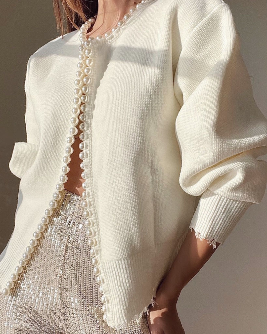 Genevieve Pearl Bead Trim Balloon Sleeve Open Knit Cardigan - White