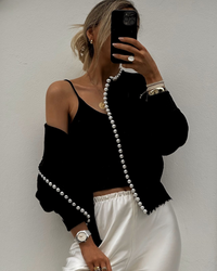 Genevieve Pearl Bead Trim Balloon Sleeve Open Knit Cardigan