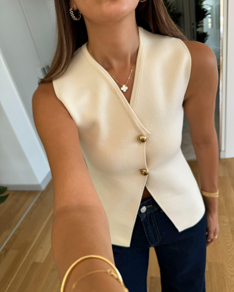 Calla Split Hem Two Button Sleeveless Knit Waistcoat Vest