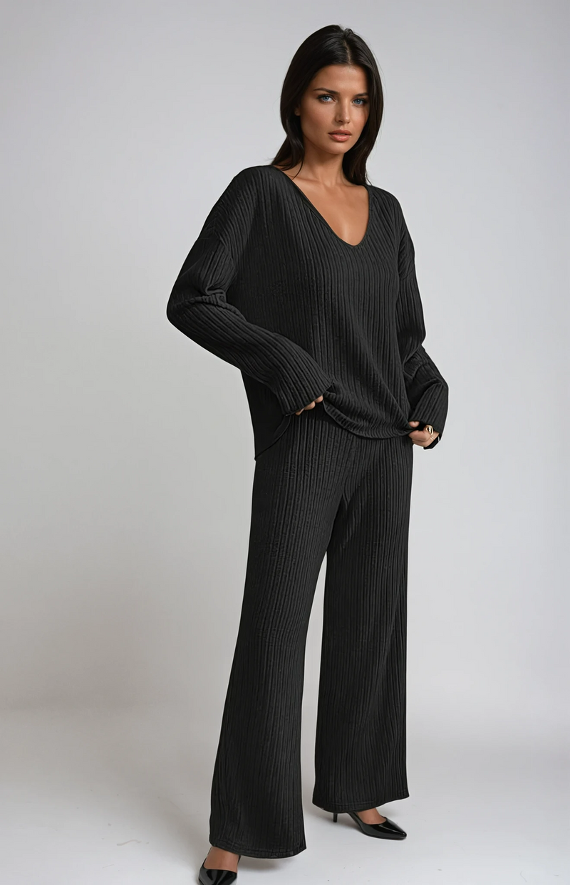 Tara Ribbed V Neck Knit and Wide Leg Trouser Lounge Set