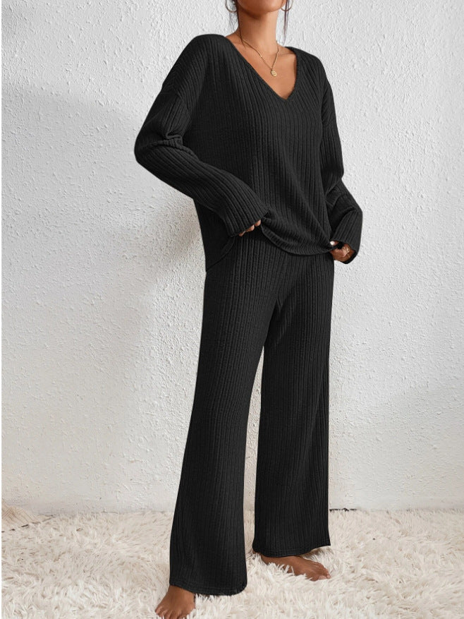 Tara Ribbed V Neck Knit and Wide Leg Trouser Lounge Set