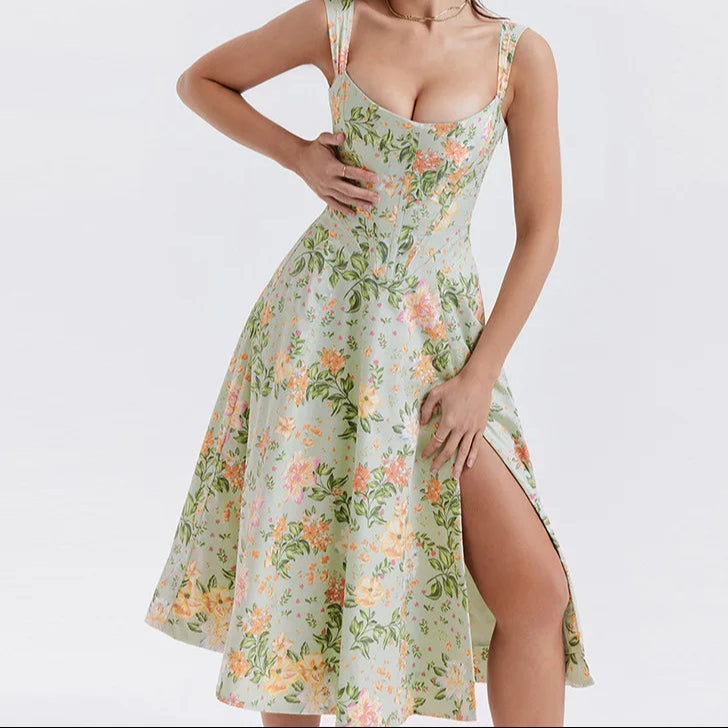 Adele Floral Print Corset Bodice Full Skirt Strappy Midi Dress - Green
