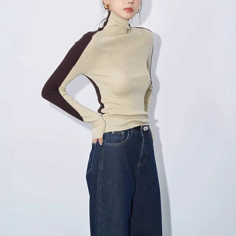 Fenella Contrast Sleeve Panel Fitted Rib Roll Neck Knit Top