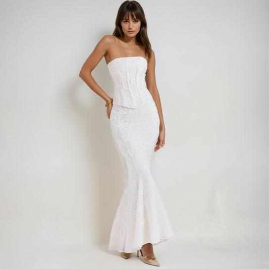 Ottoline Boned Corset Bodice Textured Fishtail Maxi Dress - White