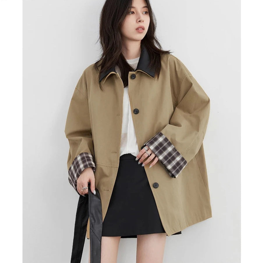 Araminta Contrast Collar Check Lined Barn Chore Jacket