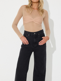 Adrienne Off Shoulder Twist Front Sheer Sleeve Cropped Top