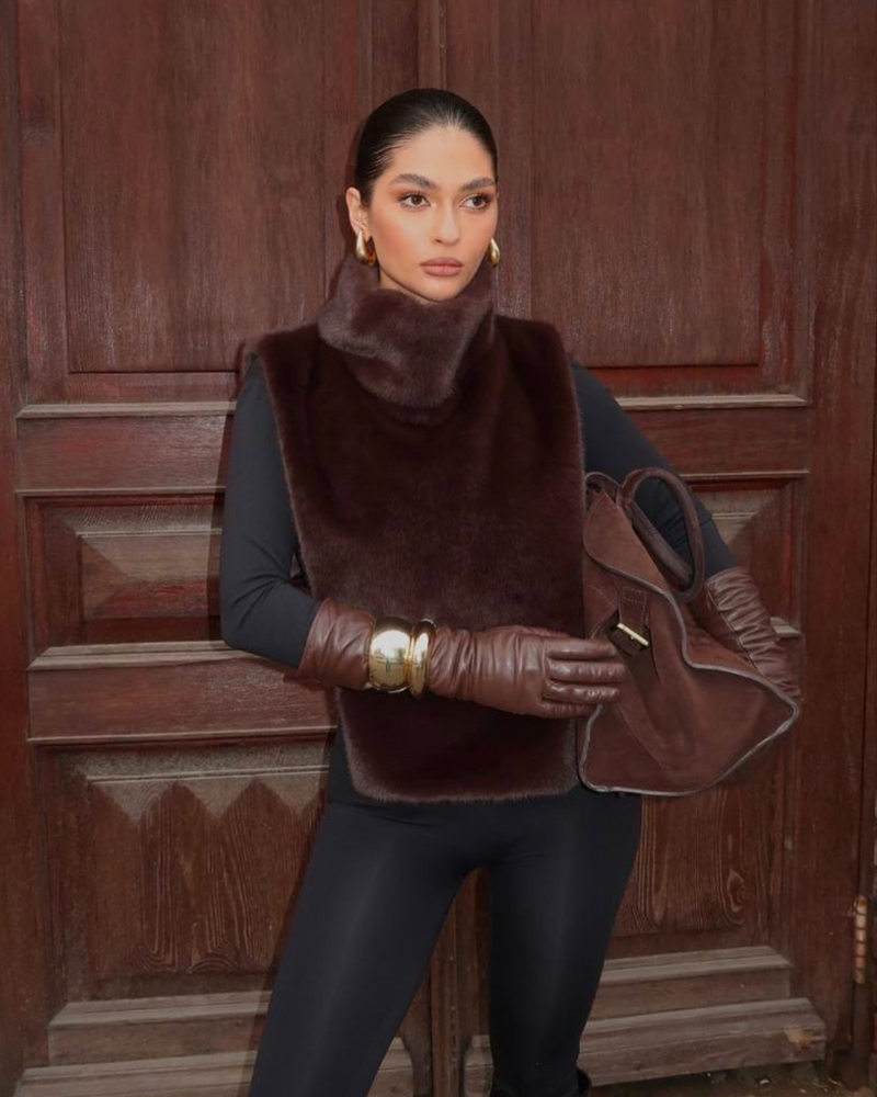 Hattie Faux Fur Cropped Roll Neck Sleeveless Shrug Top