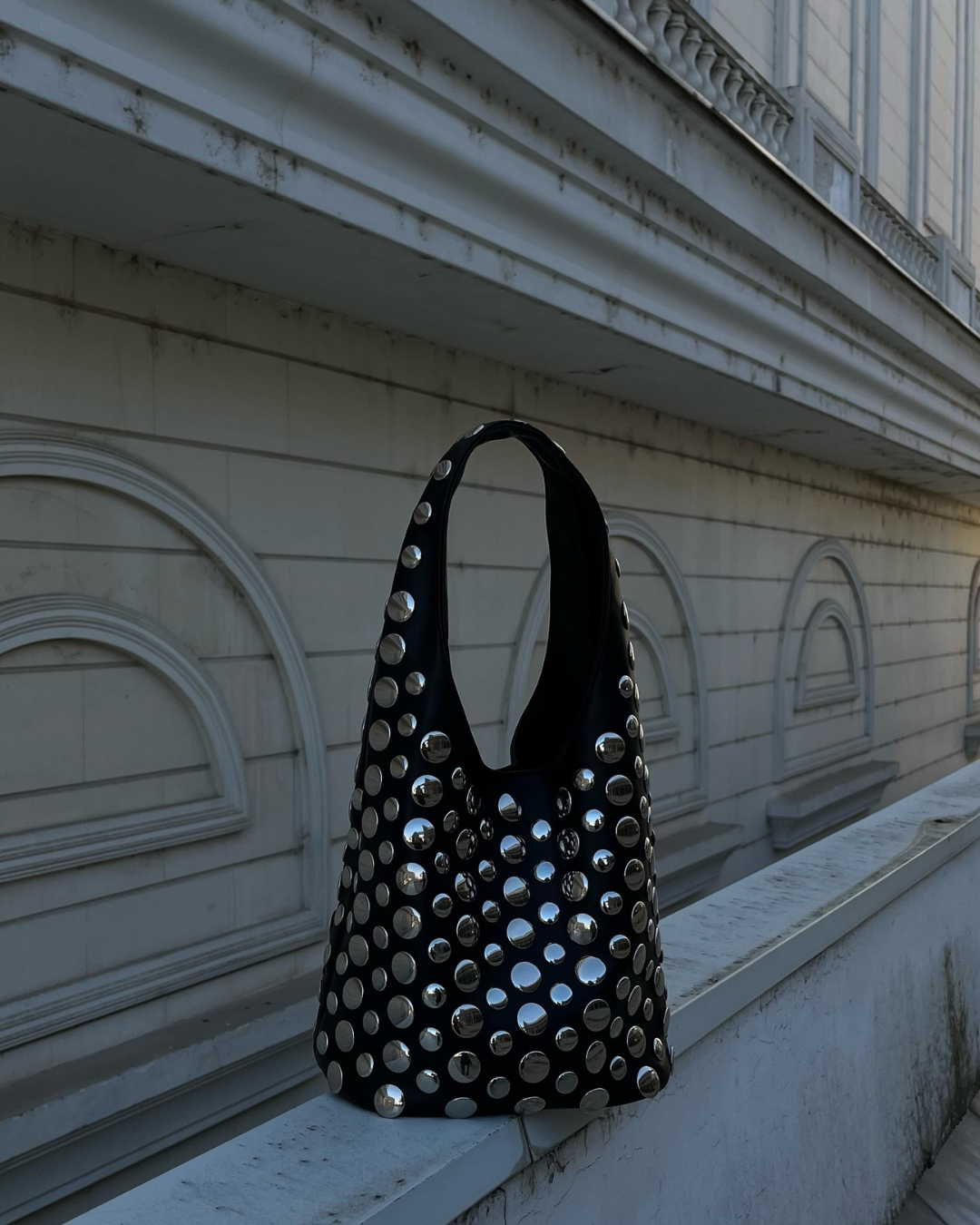 Juno All Over Metal Stud Slouch Hobo Shoulder Bag - Black