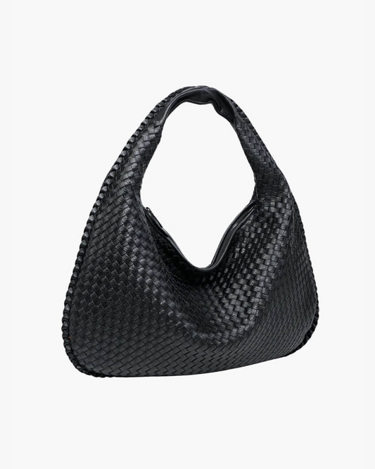Gemma Large Woven Slouch Single Handle Shoulder Hobo Bag - Black