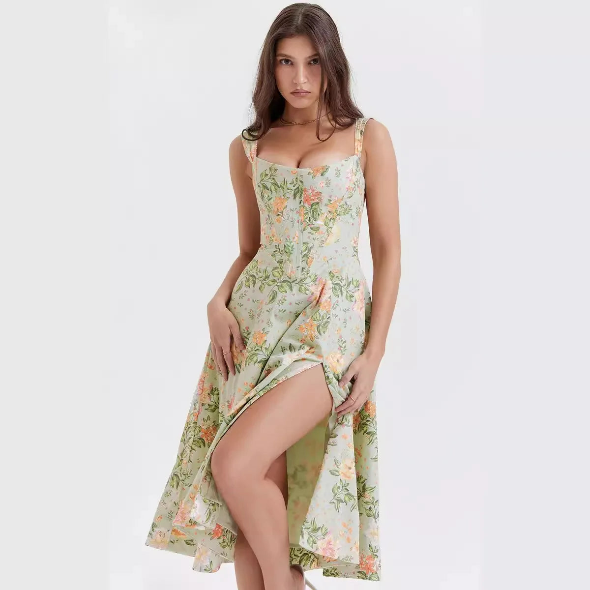 Adele Floral Print Corset Bodice Full Skirt Strappy Midi Dress