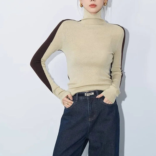 Fenella Contrast Sleeve Panel Fitted Rib Roll Neck Knit Top - Beige