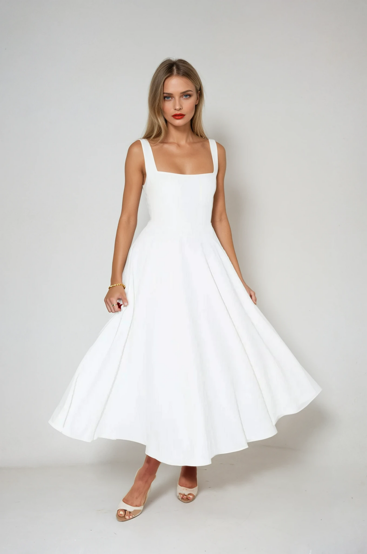 Gwendolen Square Neck Wide Strap Fitted Bodice Flare Midi Dress