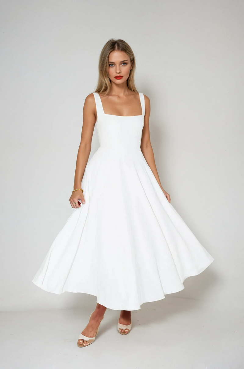 Gwendolen Square Neck Wide Strap Fitted Bodice Flare Midi Dress