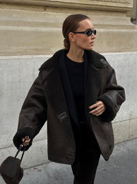 Liesel Contrast Shearling Collar Oversized Aviator Jacket