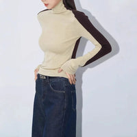 Fenella Contrast Sleeve Panel Fitted Rib Roll Neck Knit Top