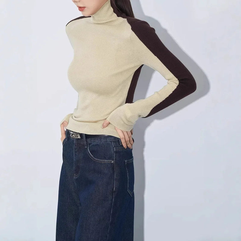 Fenella Contrast Sleeve Panel Fitted Rib Roll Neck Knit Top