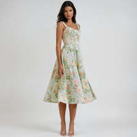Adele Floral Print Corset Bodice Full Skirt Strappy Midi Dress