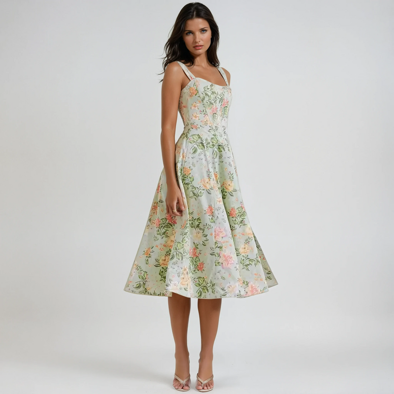 Adele Floral Print Corset Bodice Full Skirt Strappy Midi Dress