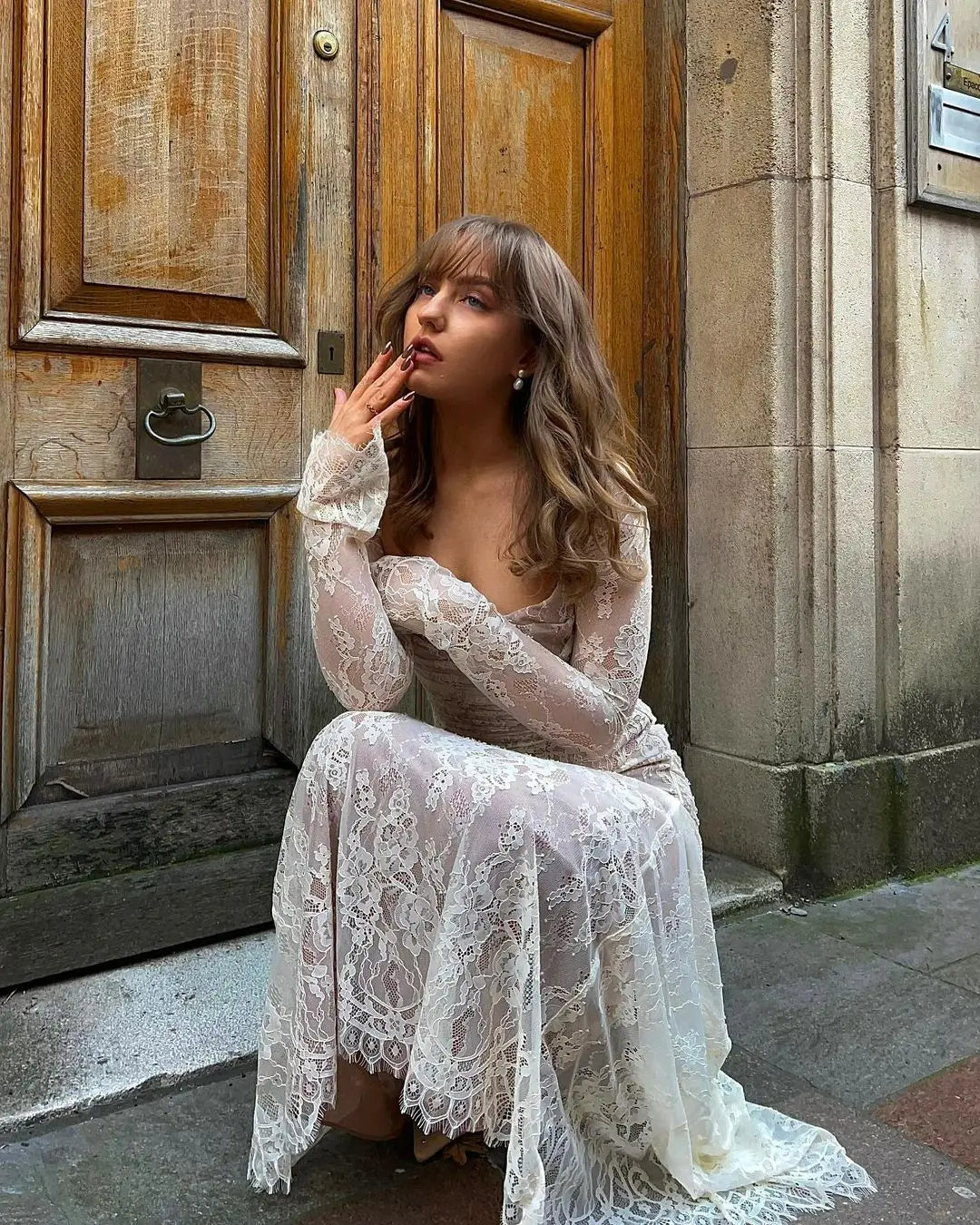 Aurelie All Over Lace Long Sleeve Fitted Column Maxi Dress