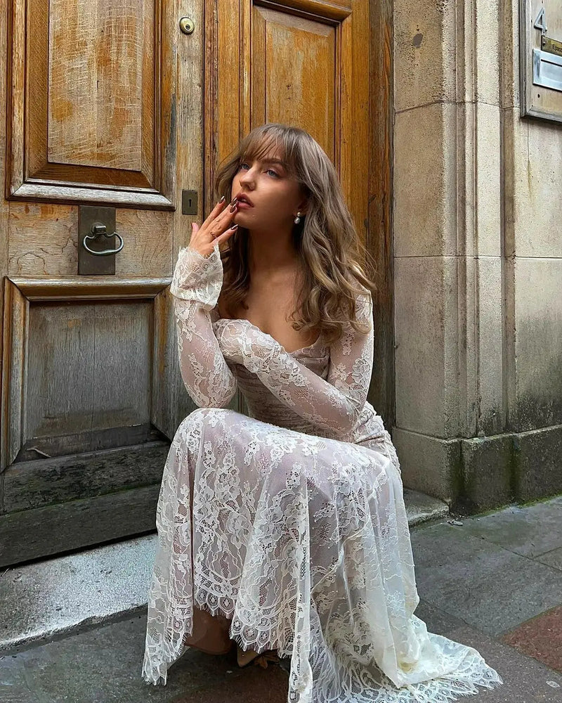 Aurelie All Over Lace Long Sleeve Fitted Column Maxi Dress