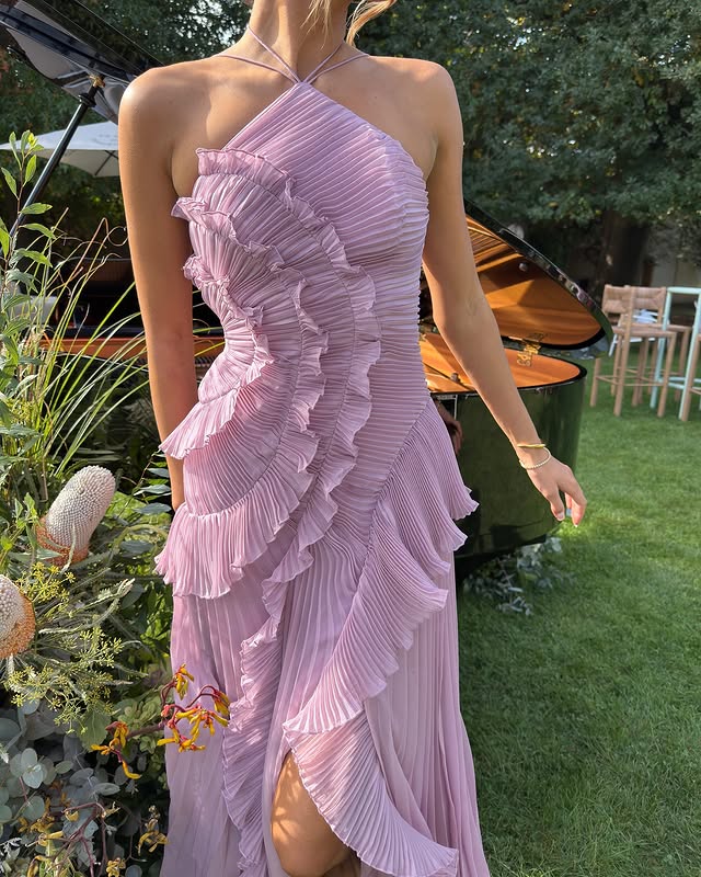 Vesper Pleated Ruffle Cascade Halter Neck Occasion Maxi Dress