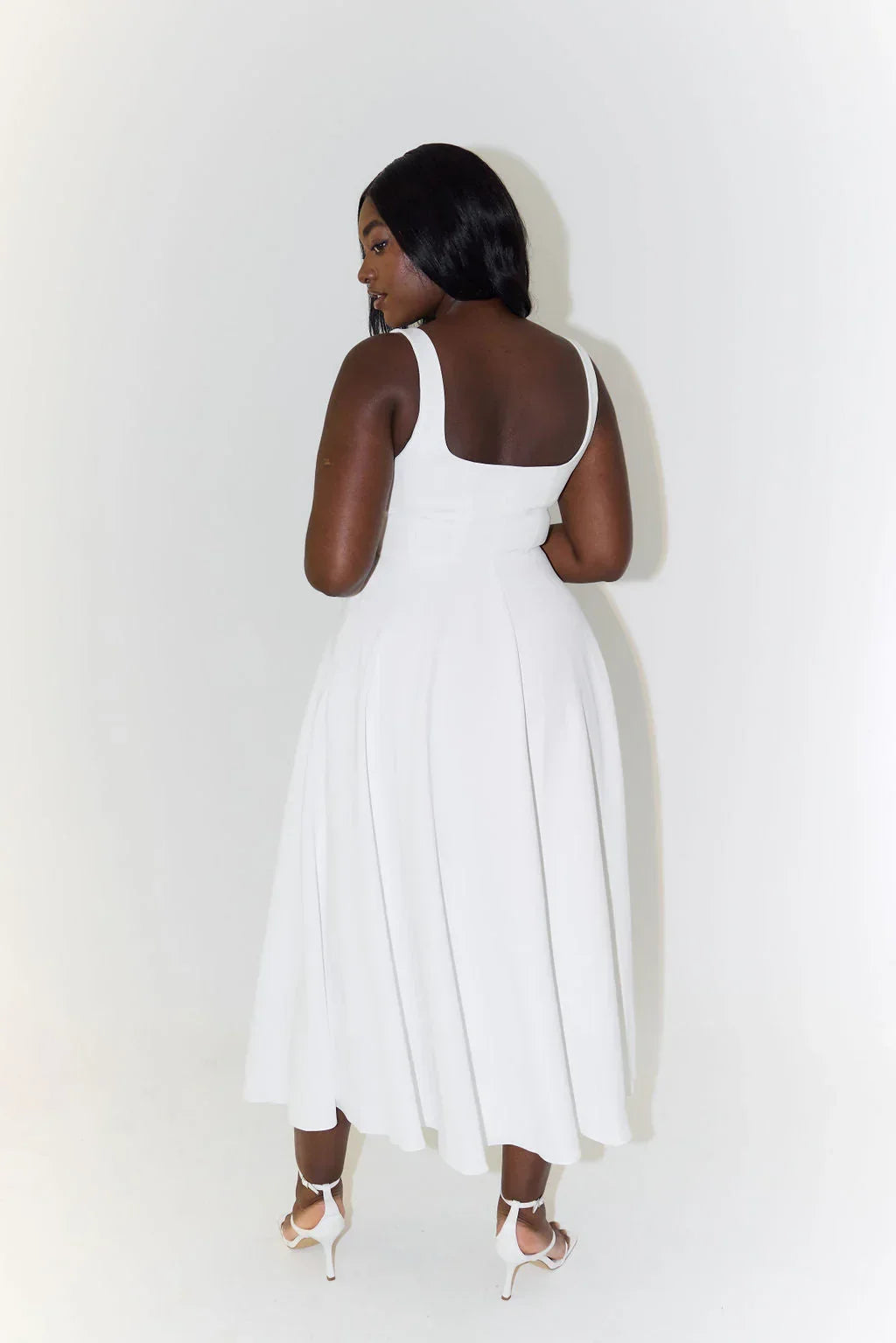 Gwendolen Square Neck Wide Strap Fitted Bodice Flare Midi Dress