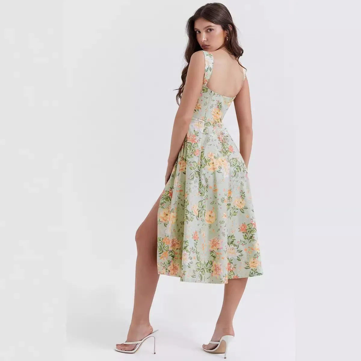 Adele Floral Print Corset Bodice Full Skirt Strappy Midi Dress