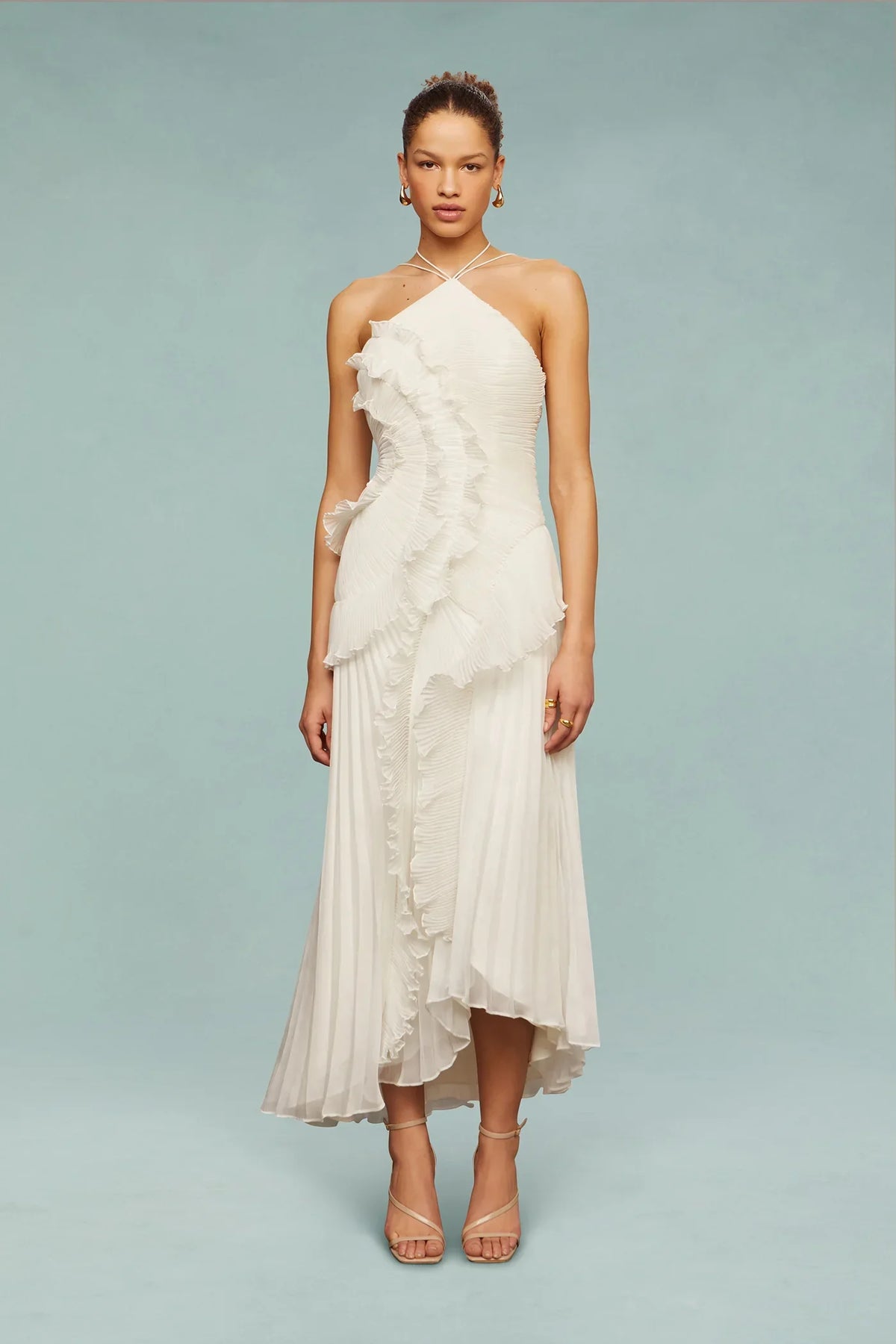 Vesper Pleated Ruffle Cascade Halter Neck Occasion Maxi Dress - White