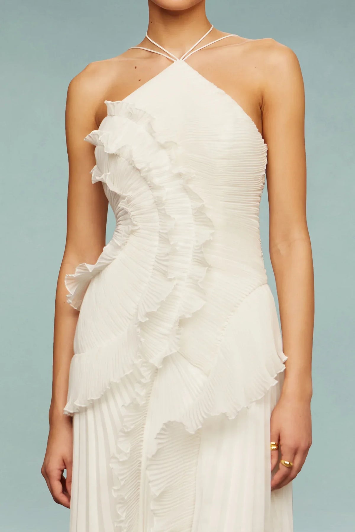 Vesper Pleated Ruffle Cascade Halter Neck Occasion Maxi Dress