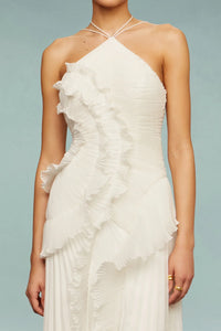 Vesper Pleated Ruffle Cascade Halter Neck Occasion Maxi Dress