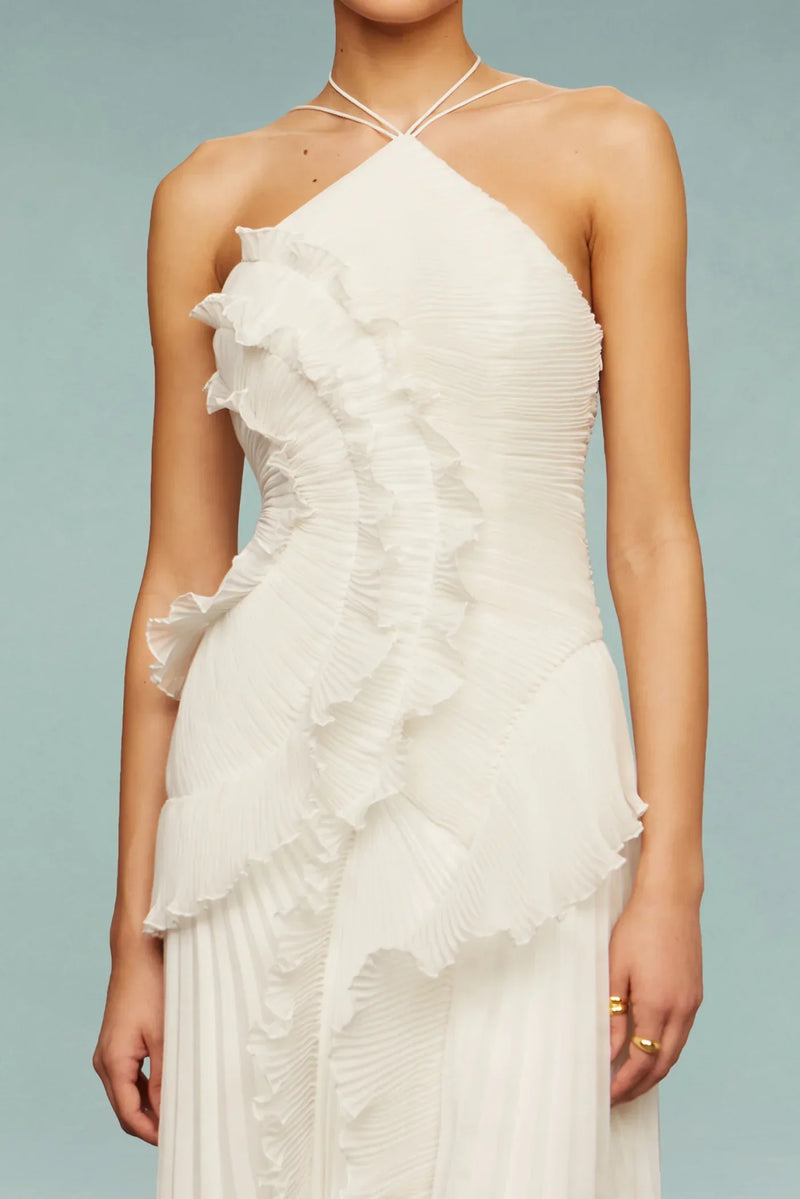 Vesper Pleated Ruffle Cascade Halter Neck Occasion Maxi Dress